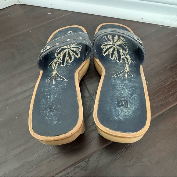 Vintage Y2K Navy Slide Sandals wooden heel wedge 8 Fairycore tropical summer - Picture 4 of 7